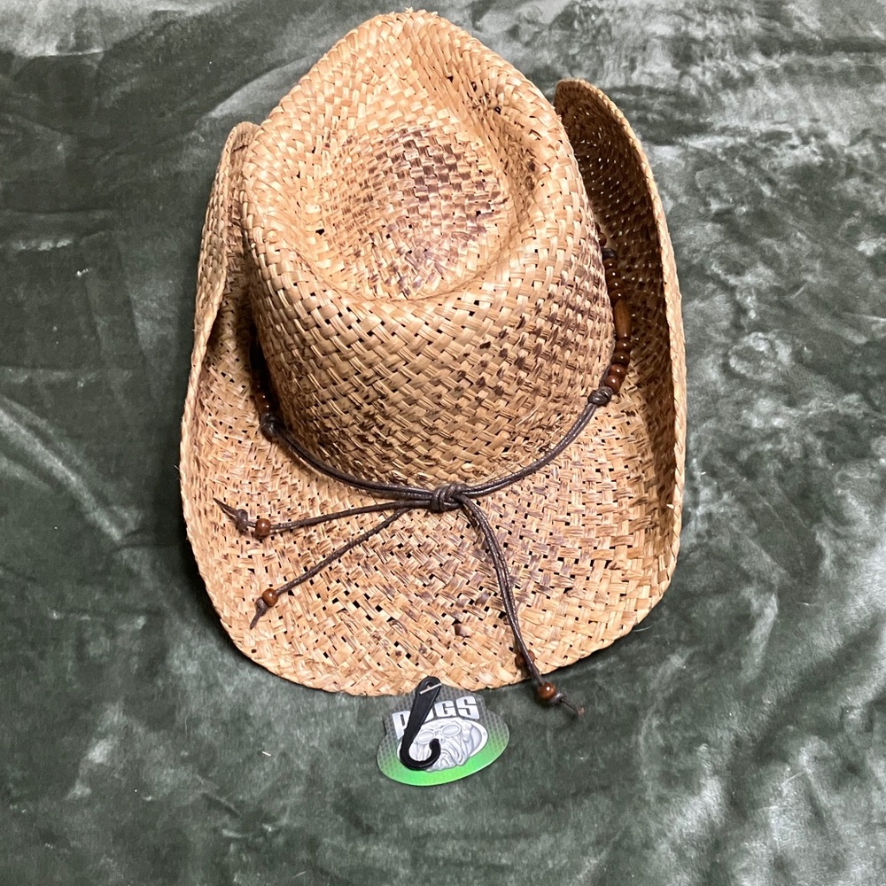 Unisex Straw Cowboy Hat with Beaded Band - Brown